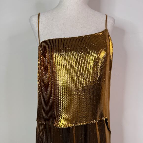 Cedric Charlier Gold Metallic Pleated Lamé Midi Dress Asymmetric Size 6 Goddess - Picture 2 of 15